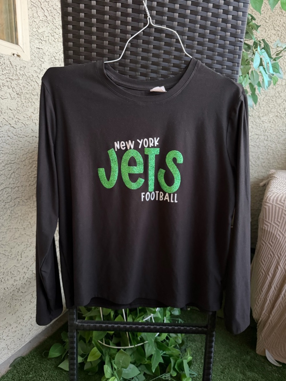 New York Jets Black Long Sleeve Shirt with Green Glitter Logo, NFL